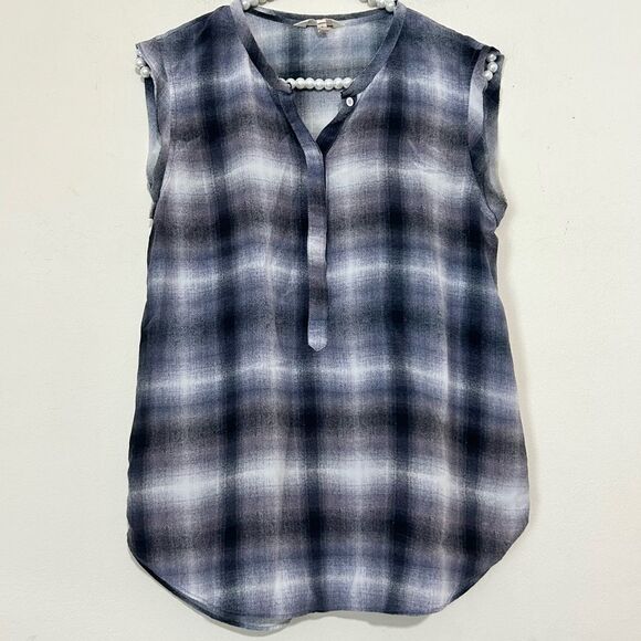 Rebecca Taylor Plaid Gray & White Silk Placket Top SIZE 0 - Picture 2 of 7